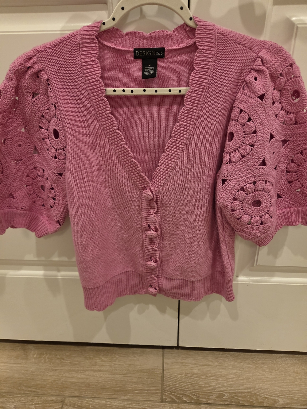 Saks Fifth Avenue Pink Crochet Puff-Sleeve V-Neck Cardigan